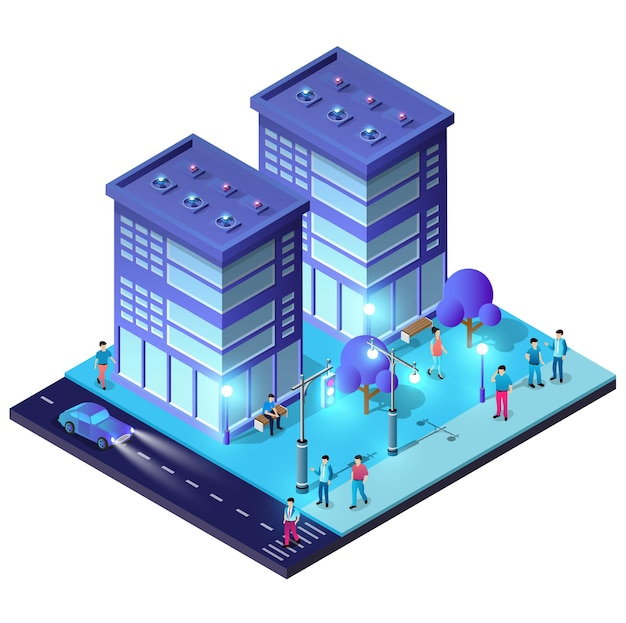 Ciudad de barrio de bloque ultravioleta azul inteligente isométrica nocturna en la noche con luces ilustración 3D