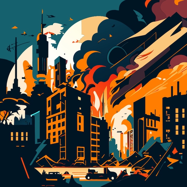 ciudad dañada por la guerra fuego oscuro en todas partes ilustración vectorial