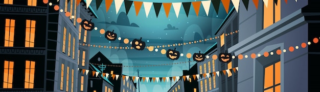 Vector ciudad decorada para la celebración de halloween, con calabazas, concepto de fiesta nocturna