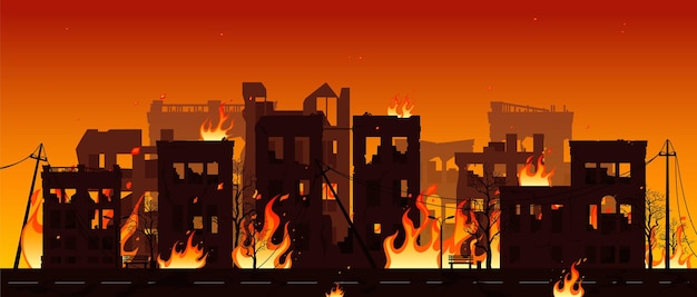 Ciudad destruida en llamas ilustración vectorial eps