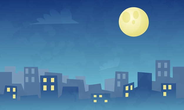 Vector ciudad de dibujos animados de noche con la luna