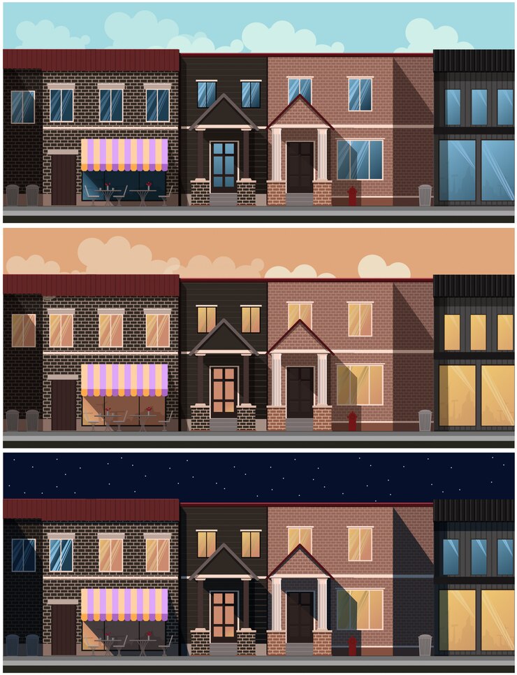 Vector ciudad en diferentes momentos del día