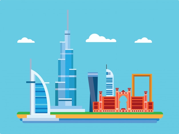 La ciudad de Dubai en Emiratos Árabes Unidos con famosos en la ilustración plana