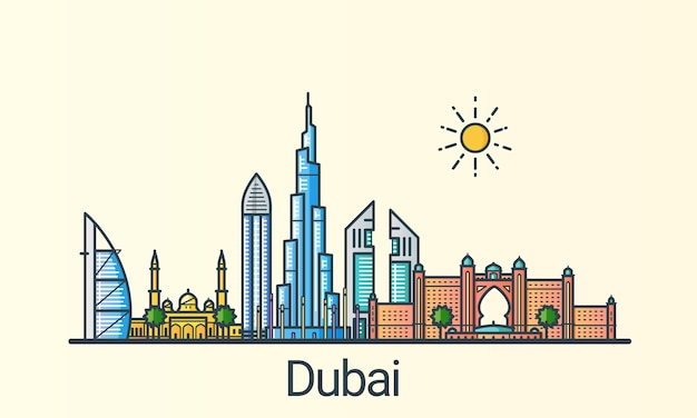 Ciudad de dubai en estilo moderno de línea plana