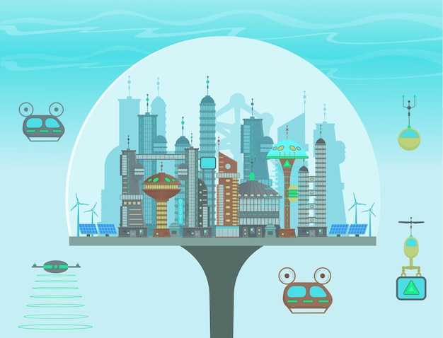 Ciudad ecológica futurista bajo la cúpula en estilo plano de dibujos animados Panorama de una ciudad moderna con construcción moderna