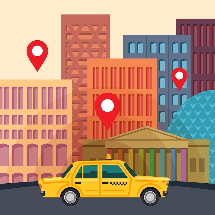 Vector ciudad de estilo de dibujos animados plana con taxi amarillo y marcas de ubicación
