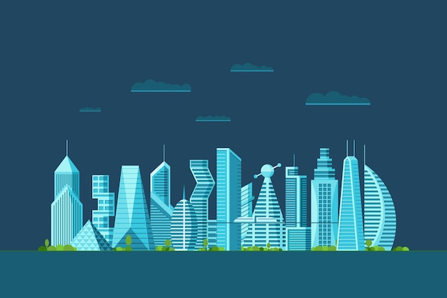 Ciudad futura de noche detallada con apartamentos de rascacielos de edificios de arquitectura diferente. Ciudad futurista del paisaje urbano gráfico cyberpunk de varios pisos. Ilustración de construcción urbana de bienes raíces de vector