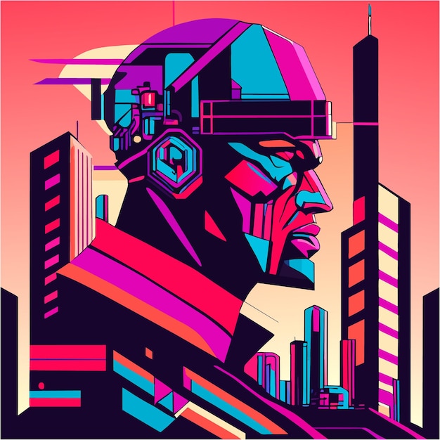 Vector ciudad del futuro arte pop cyborg tatuaje