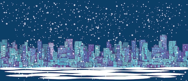 Ciudad horizonte panorama invierno nieve paisaje en la noche dibujado a mano paisaje urbano vector dibujo arquitectura ilustración