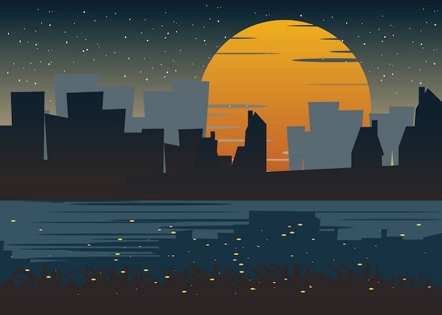 Ciudad en la ilustración de vector de noche