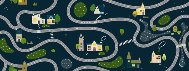 Ciudad infantil de dibujos animados Vector infantil de patrones sin fisuras con casas edificios árboles calles
