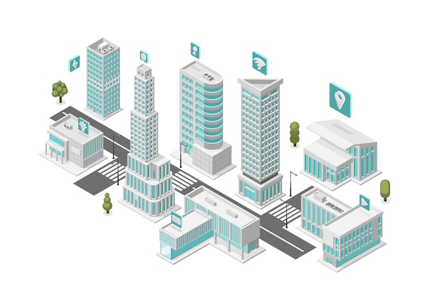 Ciudad inteligente isométrica suburbio digital con internet gratuito y sistema de navegación Tecnologías en la ciudad rascacielos urbanos modernos concepto vectorial impecable