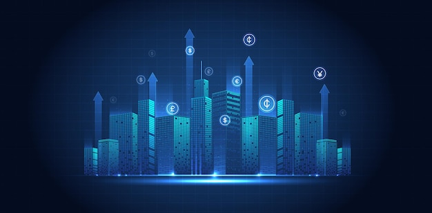 Ciudad inteligente o red inalámbrica con iconos eléctricos gráficos de edificios con elementos de tecnología digital para el diseño de vectores de aplicaciones móviles de sitios web