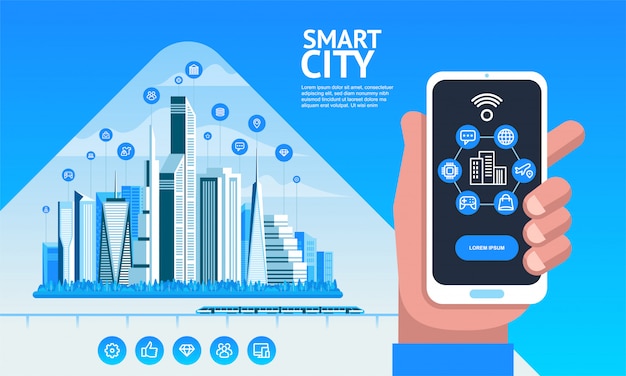 Ciudad inteligente. Paisaje urbano con edificios, rascacielos y tráfico de transporte. Mano que sostiene el teléfono inteligente