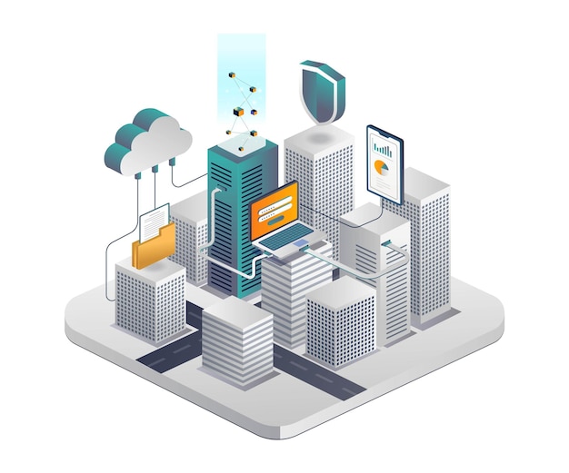 Ciudad inteligente con servidor en la nube y seguridad de datos de teléfonos inteligentes