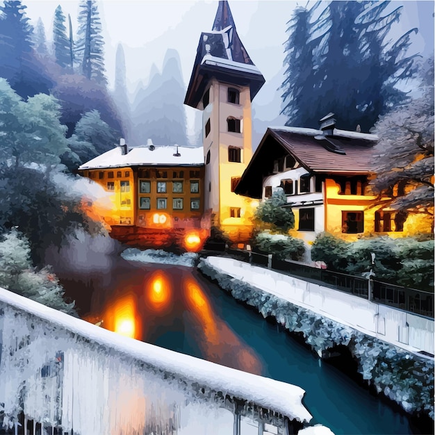 Ciudad invernal con puente sobre el río junto a un gran bosque de pinos con fondo de fantasía de montañas