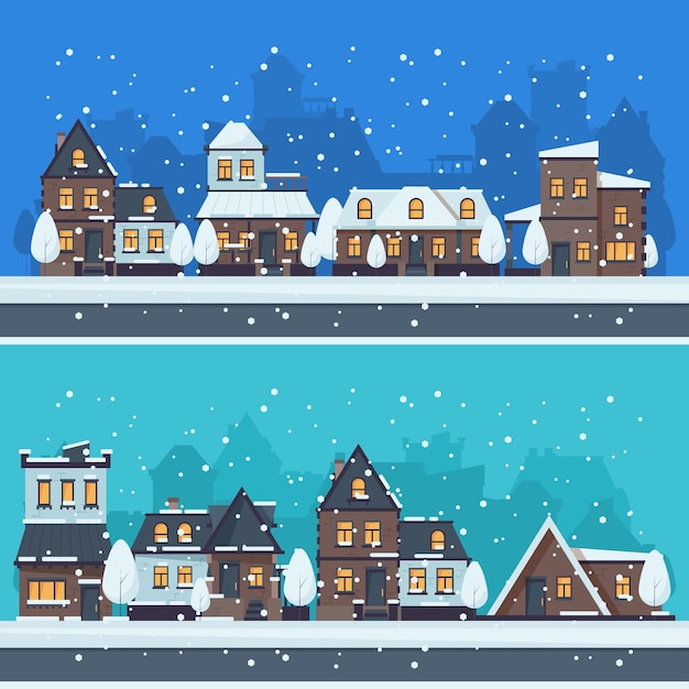 Ciudad de invierno de nieve. El paisaje urbano con la temporada alberga el paisaje vectorial de edificios de vacaciones. Ilustración calle casa urbana, calle estacional de invierno
