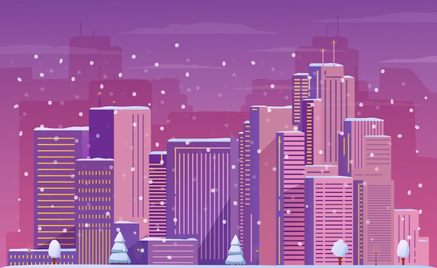 Ciudad de invierno de noche con rascacielos y nieve que cae.