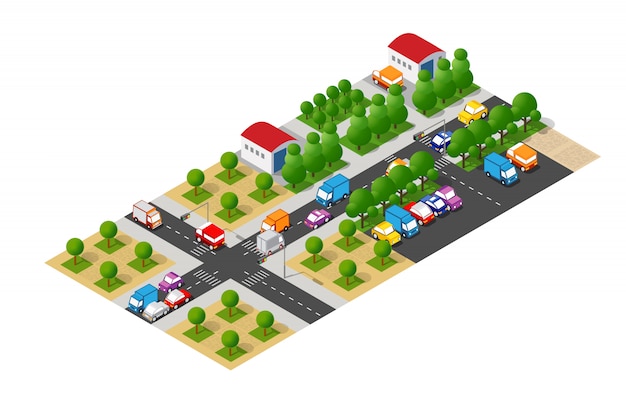 Ciudad isométrica con caminos con calles