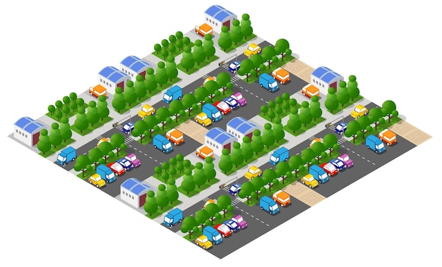 Ciudad isométrica con coches estacionados y conduciendo por las calles