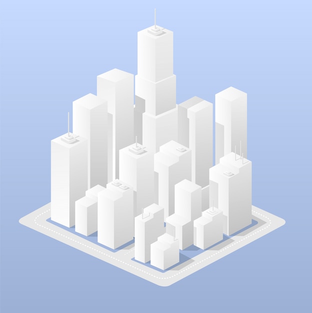 Vector ciudad isométrica de negocios con muchas casas diferentes.