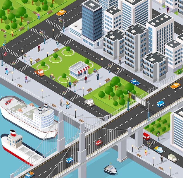 Ciudad isométrica con terraplén de río con gente caminando puentes, calles de transporte y barcos