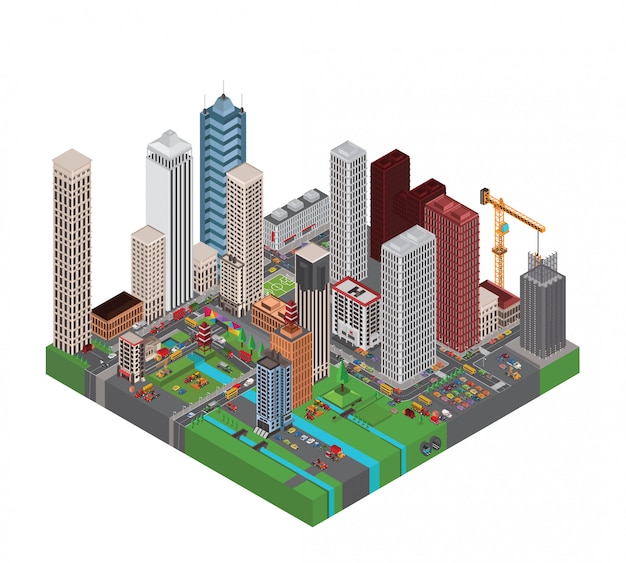 Vector ciudad isométrica con tráfico urbano