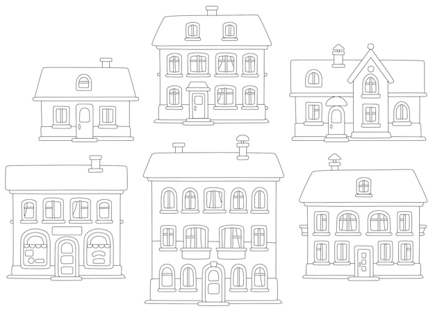 La ciudad de juguetes alberga ilustraciones de dibujos animados vectoriales de contorno en blanco y negro para una página de libro para colorear