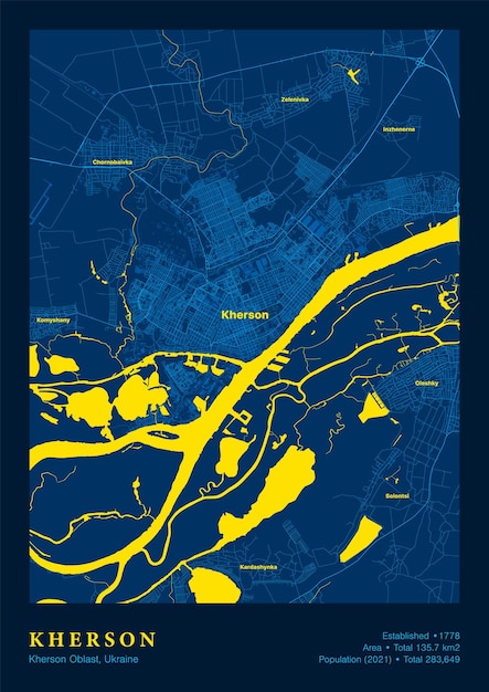 Ciudad Kherson Ucrania Afiche vectorial Mapa altamente detallado en colores patrióticos nacionales amarillos azules El sistema de transporte de la ciudad incluye características de mapas agrupados Edificios Caminos y objetos de agua