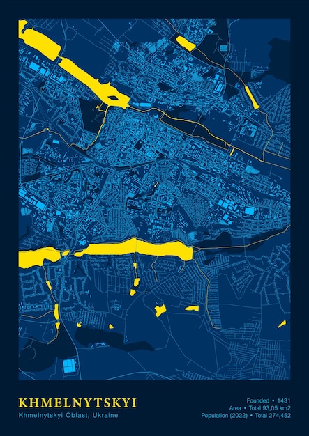 Vector ciudad khmelnytskyi ucrania afiche vectorial mapa altamente detallado en colores patrióticos nacionales amarillos azules sistema de transporte de la ciudad cartografía incluye características de mapas agrupados edificios carreteras y objetos de agua