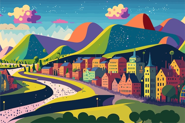 Ciudad medieval de dibujos animados Ilustración vectorial en estilo plano Fondo de paisaje de casas coloridas