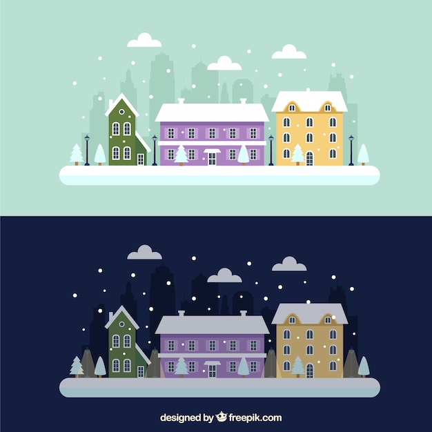 Ciudad nevada de noche y de día