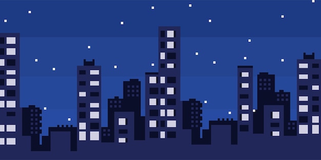 Ciudad nocturna de arte de píxeles con paisaje, cielo, nubes, silueta de ciudad, estrellas y luna. Vector