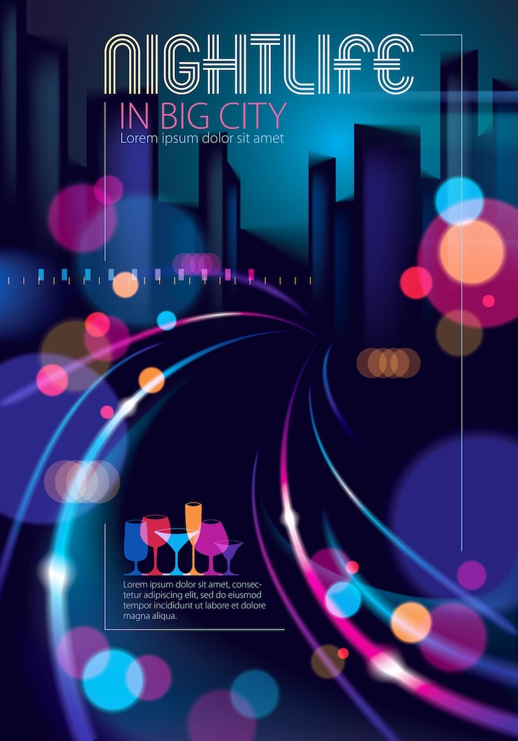 Vector la ciudad nocturna con luces borrosas ilustración vectorial de textura bokeh. desdibujar colorido fondo oscuro con paisaje urbano, siluetas de edificios horizonte. folleto, volante, portada, cartel o modelo de guía.