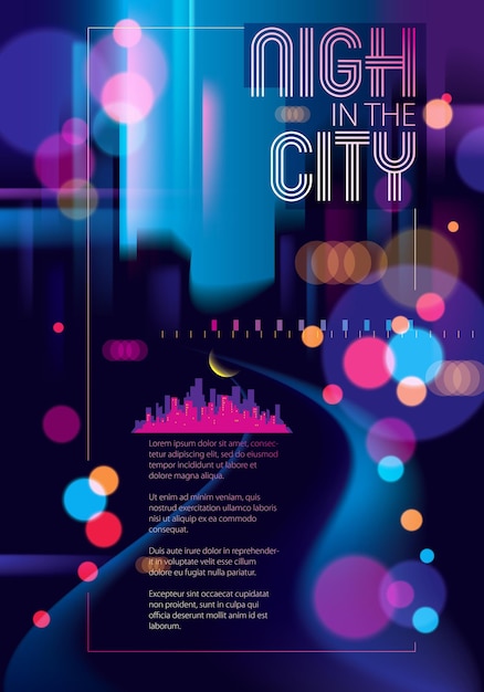 Vector ciudad nocturna con luces borrosas ilustración vectorial de textura bokeh. desenfoque de fondo oscuro colorido con paisaje urbano, horizonte de siluetas de edificios. folleto, folleto, portada, póster o plantilla de guía.