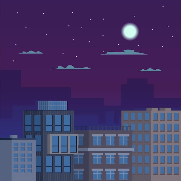 Vector ciudad nocturna con varios edificios alineados en fila hay una luna con estrellas en el cielo atmósfera nocturna de una ciudad dormidaimprimir
