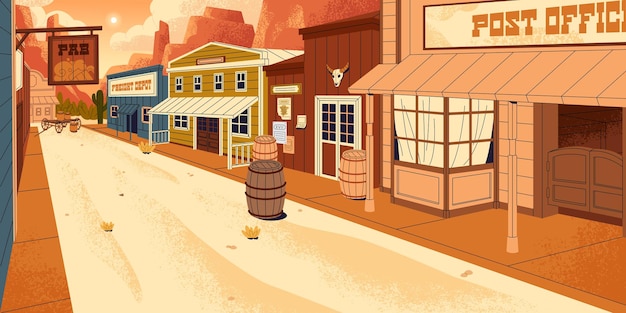 Ciudad del oeste salvaje ciudad estadounidense en el desierto calle vieja soleada con bar tienda taberna hotel camino de arena vacía entre edificios de texas fachadas occidentales panorama de campo de vaqueros ilustración vectorial plana