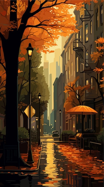Ciudad de otoño con árboles que caen hojas amarillas Ilustración vectorial