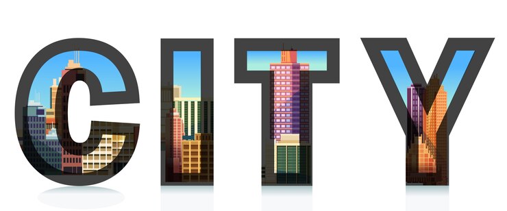 Vector ciudad de la palabra con la ciudad. ilustraciones tipográficas.
