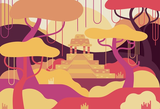 Vector ciudad perdida en la ilustración de dibujos animados de vector de selva en estilo plano