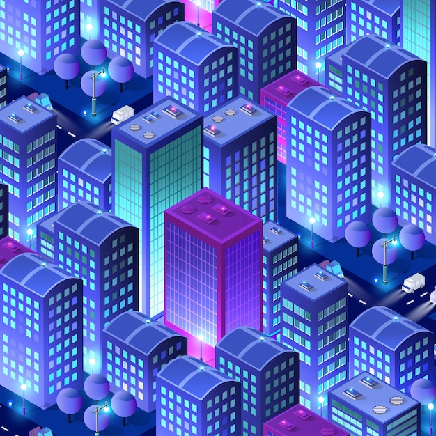 Ciudad residencial ciudad nocturna ciudad urbana ilustración 3D de neón ultravioleta