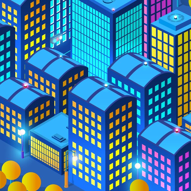 Ciudad residencial ciudad nocturna ciudad urbana ilustración 3D de neón ultravioleta