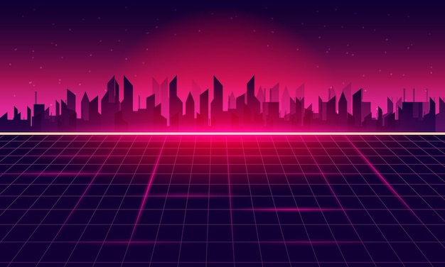 Ciudad de retro scifi fondo futurista grid paisaje 90's