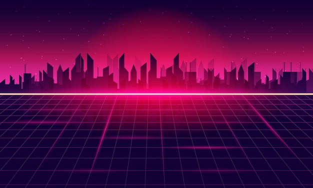 Ciudad de Retro SciFi Fondo Futurista Grid paisaje 90's