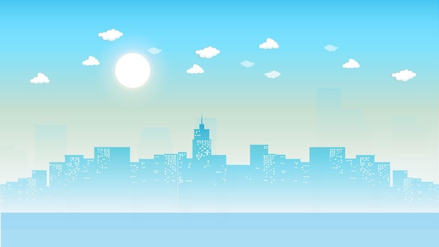 Ciudad de vector al fondo de banner de paisaje al atardecer