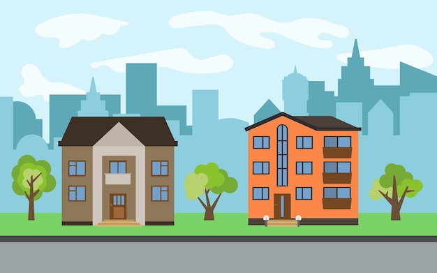 Ciudad de vector con casas de dibujos animados de dos y tres pisos y árboles verdes en el día soleado. Paisaje urbano de verano. Vista de la calle con paisaje urbano sobre un fondo