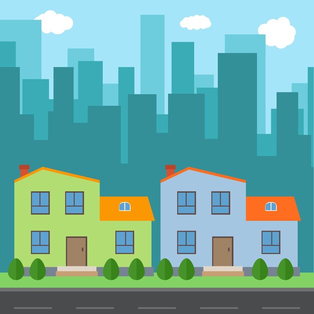 Ciudad de vector con dibujos animados de casas y edificios. Espacio de la ciudad con carretera en concepto de fondo de estilo plano. Paisaje urbano de verano. Vista de la calle con paisaje urbano sobre un fondo