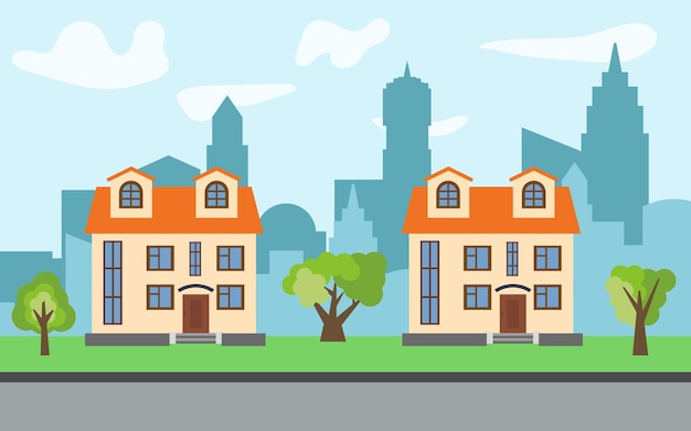 Ciudad de vector con dos casas de dibujos animados de dos pisos y árboles verdes en el día soleado. Paisaje urbano de verano. Vista de la calle con paisaje urbano sobre un fondo