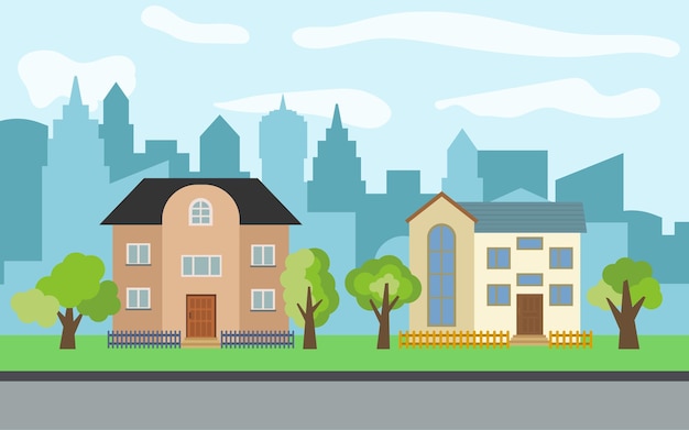 Ciudad de vector con dos casas de dibujos animados de dos pisos y árboles verdes en el día soleado. Paisaje urbano de verano. Vista de la calle con paisaje urbano sobre un fondo