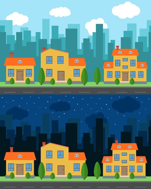 Vector ciudad vectorial con casas y edificios de dibujos animados en el día y la noche espacio de la ciudad con carretera